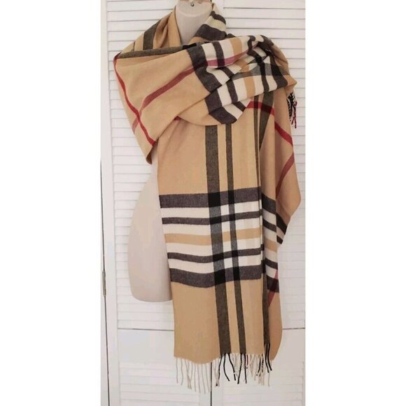 NEW V.FRAAS CASHMINK PLAID BEIGE BLANKET-SCARF UNISEX 23 × 80 - Picture 3 of 4